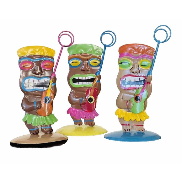 Tiki Mask Hawaiian Picture Holder Stand Tin Metal Hand Painted Set of 3 - Picture 1 of 11